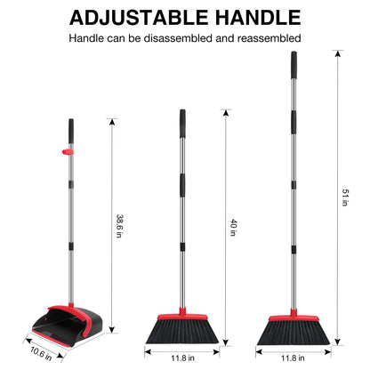 NACENA Broom and Dustpan Set, 52-in Long Adjustable Handle Broom Dustpan Combo with Dustpan Teeth to Automatically Clean Hair Suitable for Home Kitchen Office Hall Floor（Black&Red）