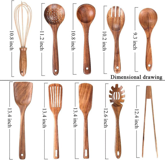 10 Pack Wooden Utensils for Cooking, Wood Utensil Set for Kitchen, Teak Wooden Spoon for Cooking, Non-Stick Spatula Ladle