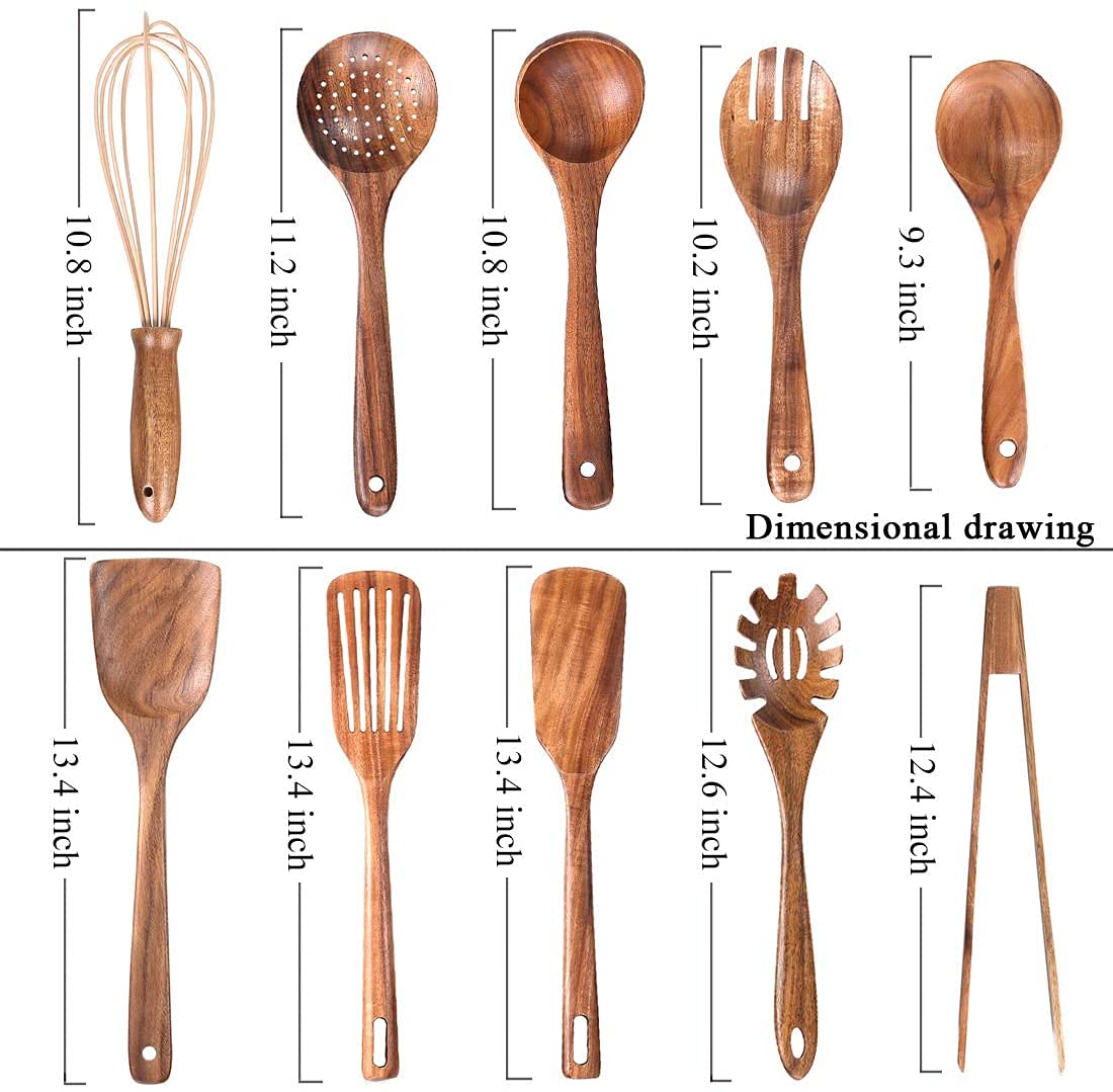 10 Pack Wooden Utensils for Cooking, Wood Utensil Set for Kitchen, Teak Wooden Spoon for Cooking, Non-Stick Spatula Ladle