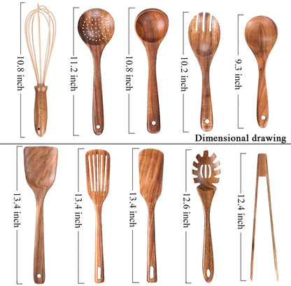 10 Pack Wooden Utensils for Cooking, Wood Utensil Set for Kitchen, Teak Wooden Spoon for Cooking, Non-Stick Spatula Ladle