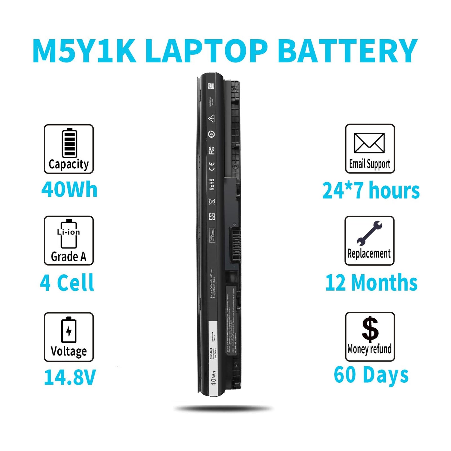 40Wh Type M5Y1K 14.8V Battery for Dell Inspiron 15 5000 3000 Series 5566 5555 5558 5559 5758 3567 3551 3552 3558 14 3451 3452 3458 5458 17 5755 5758 5759 GXVJ3 HD4J0 WKRJ2 VN3N0 P51F P47F P63F P64G