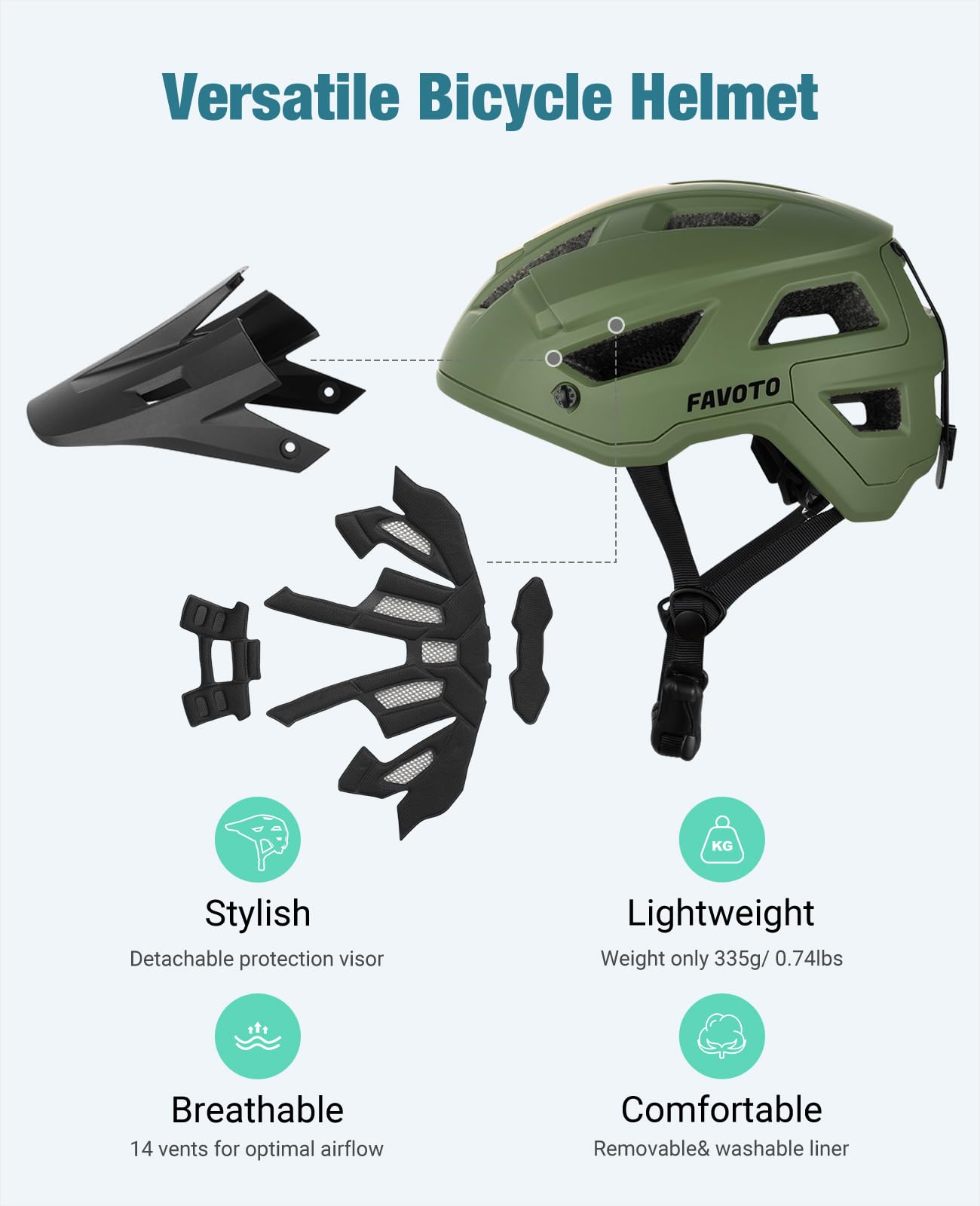 Favoto Mountain Bike Helmet - Dual Shell Lightweight MTB Bicycle Helmet Adjustable for Adults Men Women Youth CPSC Certificated, Dark Green