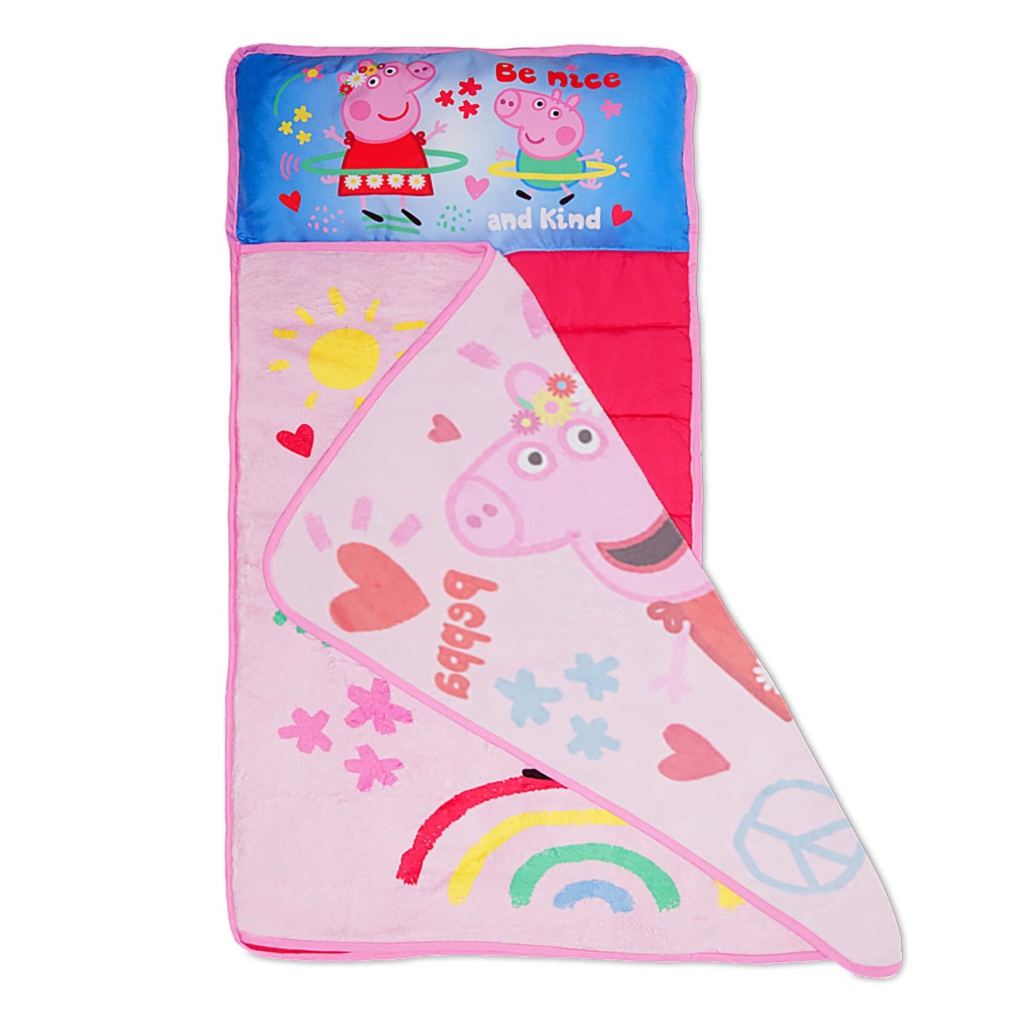 NoJo Peppa Pig I'm so Happy Toddler Nap Mat - Includes Attached Pillow and Fleece Blanket