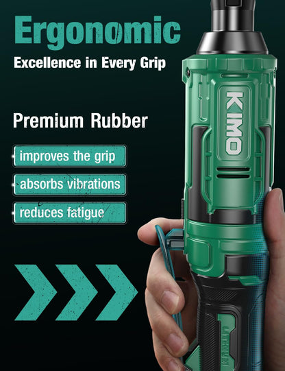 KIMO 20V Cordless Ratchet Wrench 3/8 Set, 74 Ft-lbs 400 RPM Electric Ratchet Wrench, Battery Powered Ratchet with 7 Sockets, 3" Extension Bar, 1/4" Adapter, 2-Pack Lithium-Ion Batteries, Fast Charger