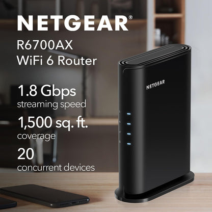 NETGEAR 4-Stream WiFi 6 Router (R6700AX) – Security Features, AX1800 Wireless Speed (Up to 1.8 Gbps), Covers up to 1,500 sq. ft., 20 Devices – Free Expert Help