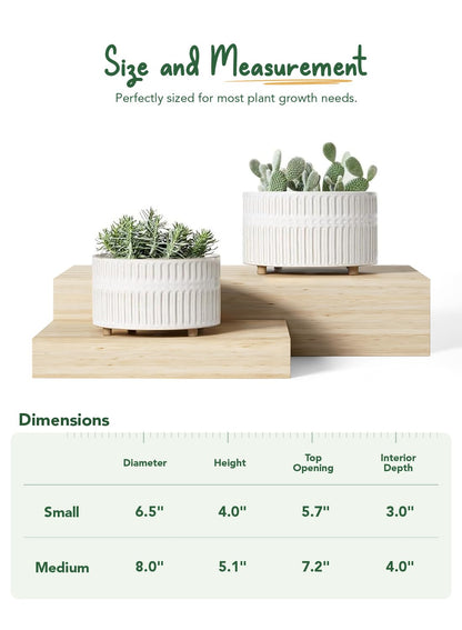 LE TAUCI Succulent Planters, 6.5+8 Inch Ceramic Indoor Plant Pot with Drainage Hole, Shallow Round Succulent Pots, Set of 2, Reactive Glaze White