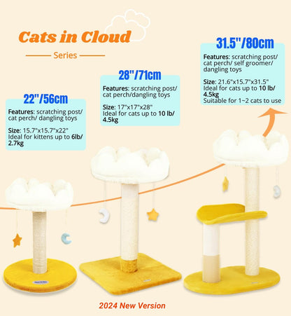 Happi N Pets Cloud Cat Tree, 31.5in Multi-Level Indoor Cat Tower with Scratching Posts, Viewing Perch, Removable & Washable Cushions, Cat Activity Tree with Dangling Toy