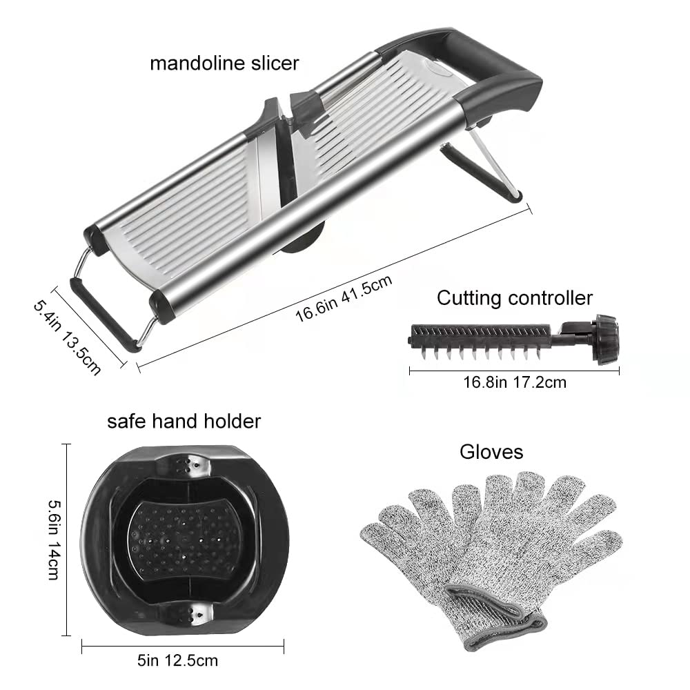 Mandoline Food Slicer, Adjustable Mandoline Slicer for Kitchen, Stainless Steel Mandolin Vegetable Chopper for Potato/Tomato/Onion, Vegetable Slicer Julienne Cutter with Cut-Resistant Gloves