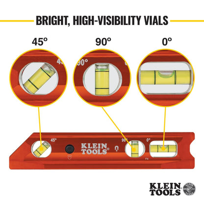 Klein Tools 935RBLT Level, 9-Inch Lighted Torpedo Level with Magnet, 0/45/90 Degree Vials and V-Groove, Water and Impact Resistant, High-Visibility