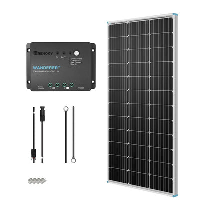 Renogy 100W 12V Solar Panel Starter Kit, 100 Watt Monocrystalline Solar Panel, 30A LCD PWM Charger Controller, Adaptor Kit, Tray Cables, Z Brackets for RV, Camper, and Other Off Grid Applications