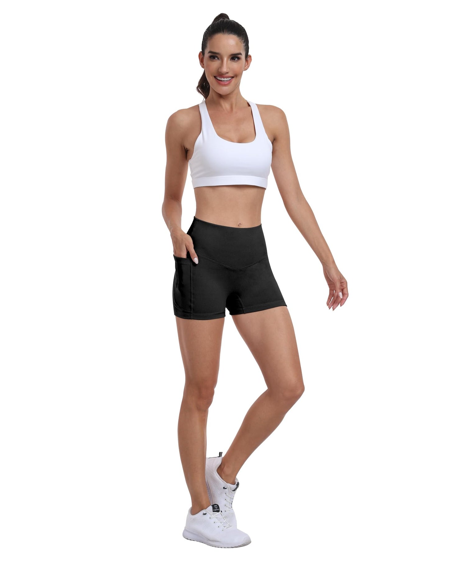 NORMOV 4 Packs Spandex Shorts for Women with Pockets, 3'' High Waisted Tummy Control Booty Yoga Shorts(Black/Dark Gray/Navy/Burgundy,M)