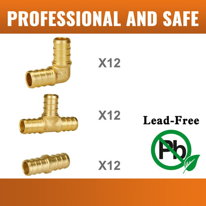 Pex Fittings 1/2 Inch, 36 PCS SUNGATOR 1/2 Inch Pex Fittings Set, 12 Each PEX Elbow Tee Coupling, 1/2" Pex Fittings For Pex Pipe, No Lead Brass, ASTM F1807