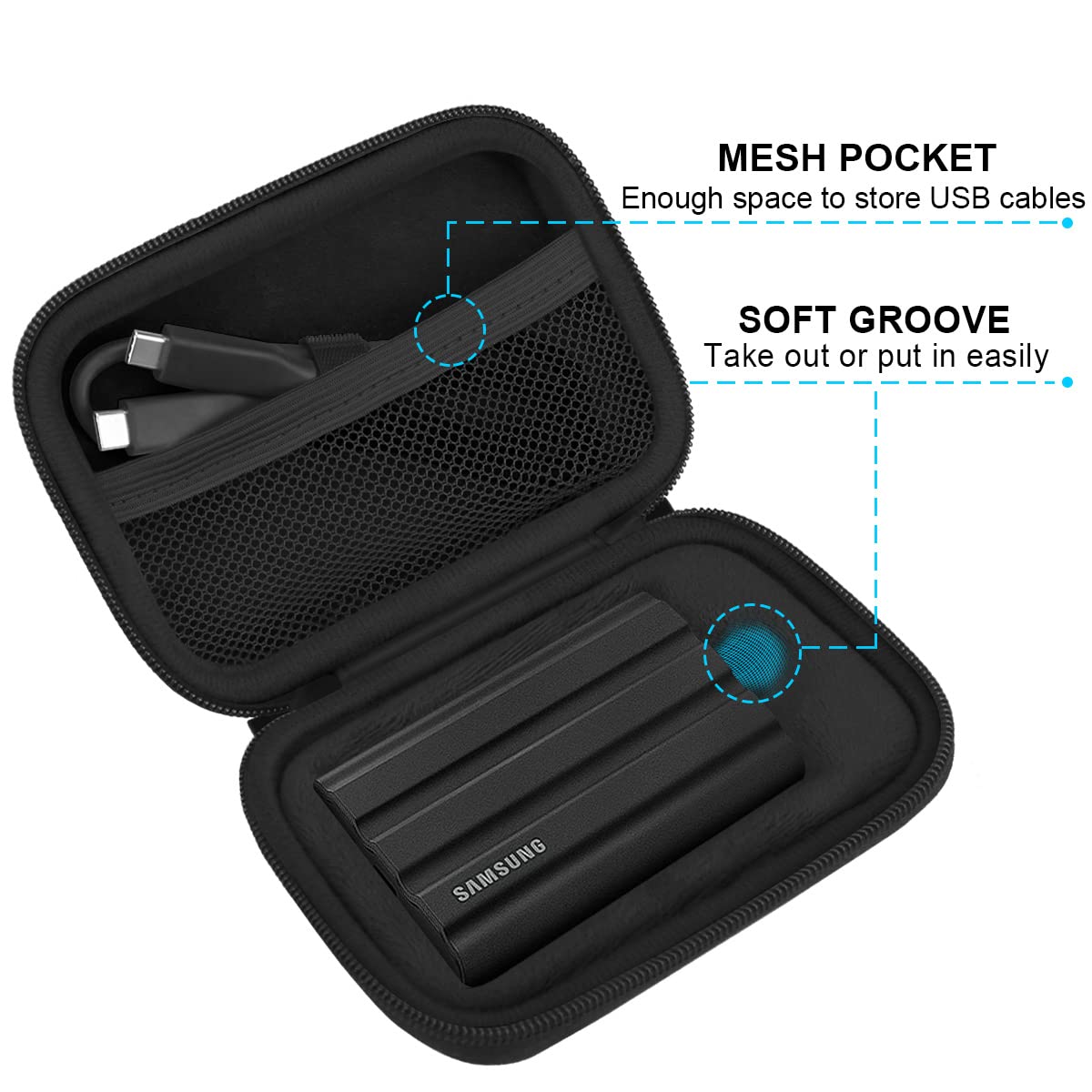 Lacdo Hard Carrying Case for Samsung T7 Shield/Samsung T7 / Touch Portable Solid State Drives 500GB 1TB 2TB 4TB USB 3.2 External SSD Hard EVA Shockproof Storage Travel Bag, Black+Black