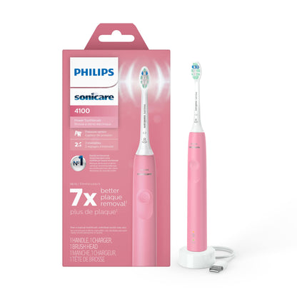 Philips Sonicare 4100 Rechargeable Electric Toothbrush, with Pressure Sensor, 2 Intensity Settings, SmarTimer and QuadPacer, 14-Day Battery Life, Deep Pink, Model HX3681/26