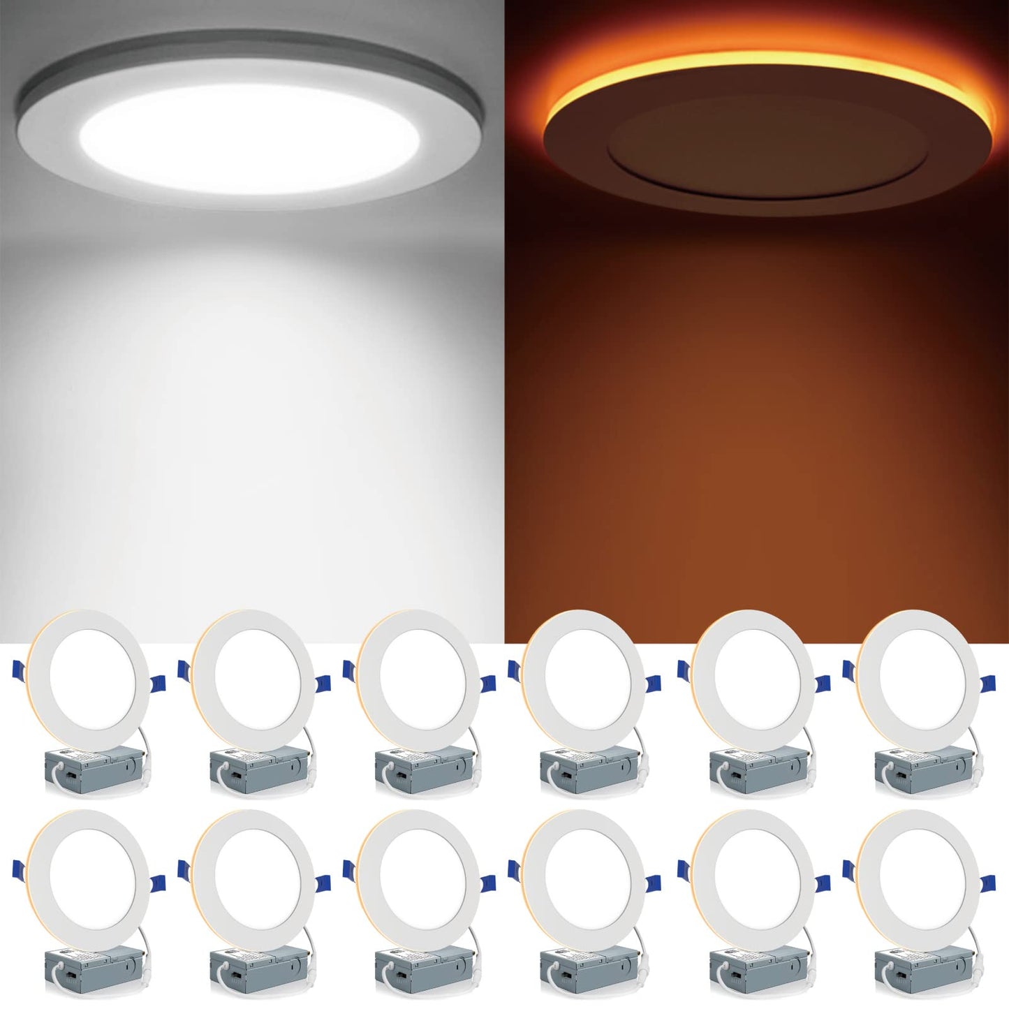 Meconard 12 Pack 6 Inch 5CCT LED Canless Recessed Lighting with Night Light, 2700K/3000K/3500K/4000K/5000K Selectable Ultra-Thin LED Ceiling Lights, 12W=110W, 1050LM, Dimmable Wafer Downlight ETL&FCC