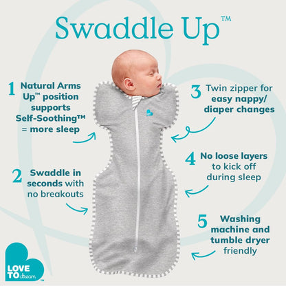 Love to Dream Swaddle UP, Baby Sleep Sack, Self-Soothing Swaddles for Newborns, Improves Sleep, Snug Fit Helps Calm Startle Reflex, New Born Essentials for Baby, Small 8-13lbs, Gray