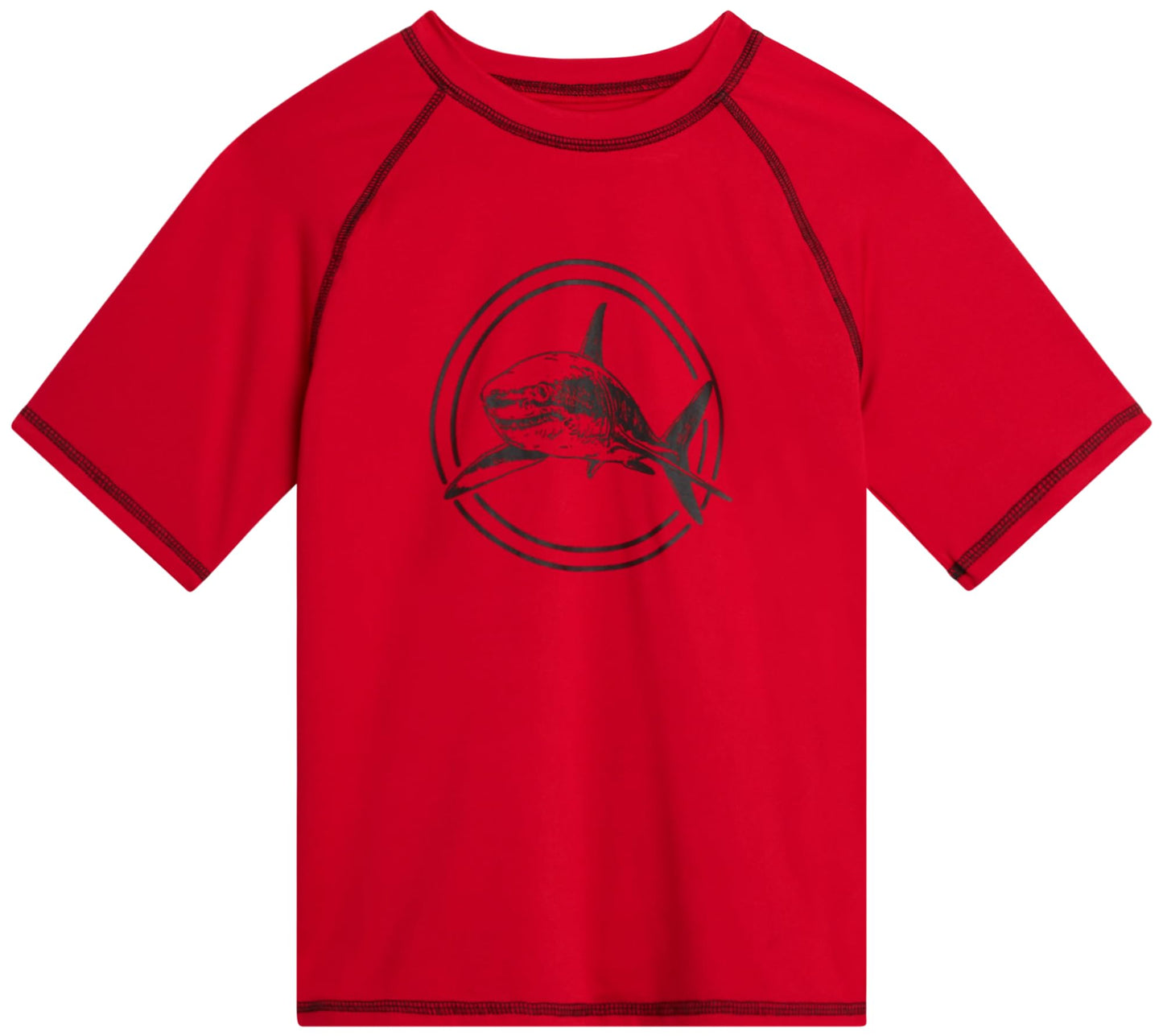 iXtreme Boys Rash Guard Set - 2 Piece UPF50+ Sun Protection Quick Dry Short Sleeve Swim Shirt & Swim Trunks for Boys (12M-14), Size 10/12, Red Black Shark