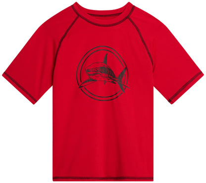 iXtreme Boys Rash Guard Set - 2 Piece UPF50+ Sun Protection Quick Dry Short Sleeve Swim Shirt & Swim Trunks for Boys (12M-14), Size 10/12, Red Black Shark