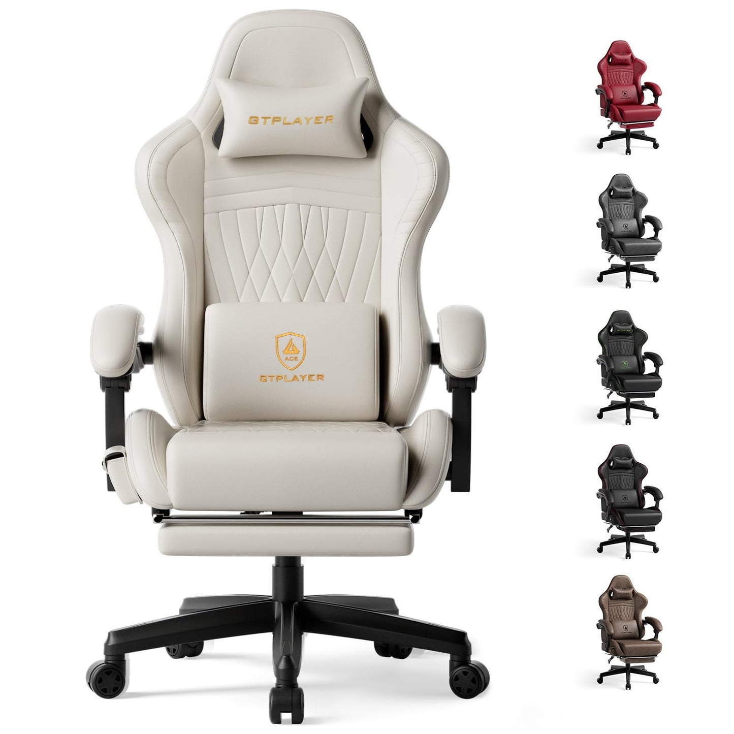 GTPLAYER Gaming Chair with Speakers, Video Game Chairs with Footrest, PC Gamer Chairs for Adults - Padded High Back Ergonomic Reclining Silla Gamer, Linkage Armrest, Ace Pro, Ivory New