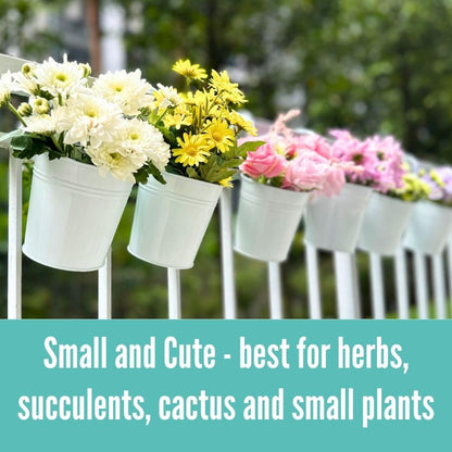 LaLaGreen Hanging Planters - 10 Pack, 4 Inch Balcony Railing Hanging Herb Garden Wall White Metal Bucket Fence Planter for Outdoor Plants Flower Pot Deck Rail Porch Window Box Hooks Macetas Colgante