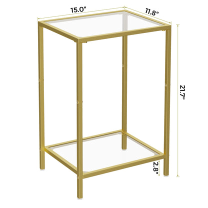 HOMSHO Side Tables Set of 2, End Tables with Tempered Glass, 2-Tier Nightstands with Storage Shelves, Coffee Table with Modern Style, Slim Sofa Table for Living Room, Bedroom, 11.8" D x 15" W, Golden