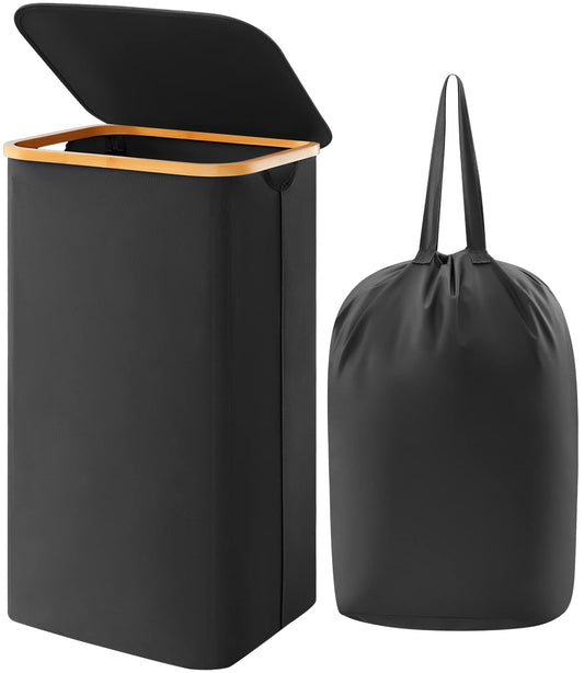 Lifewit 100L Laundry Basket with Lid, Clothes Hampers for Laundry with Bamboo Handles and A Removable Bag, Large Foldable Laundry Hamper for Bedroom, Bathroom, Dorm, Laundry Room, Black