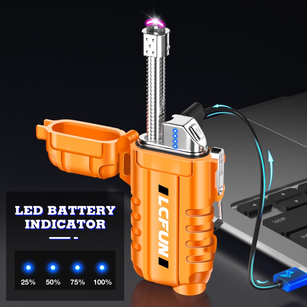 LcFun USB Rechargeable Electric Arc Lighter Windproof Plasma Lighters with LED Battery Display, Waterproof Electronic Flashlight Lighters with Lanyard for Camping, Survival Tactical Gear