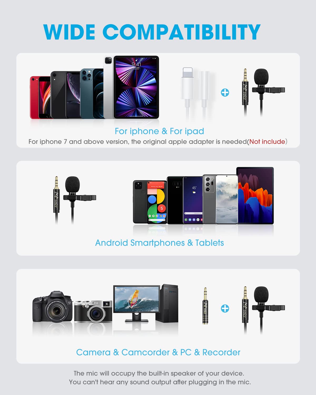 PoP voice 16 Feet Lavalier Microphone for 3.5mm Devices, Android and Camera - Noise Cancelling Lapel Mic TRRS Omni Mic for Phones, TikTok, Video Recording (with a TRS Adapter, 2 Clips and 4 Covers)