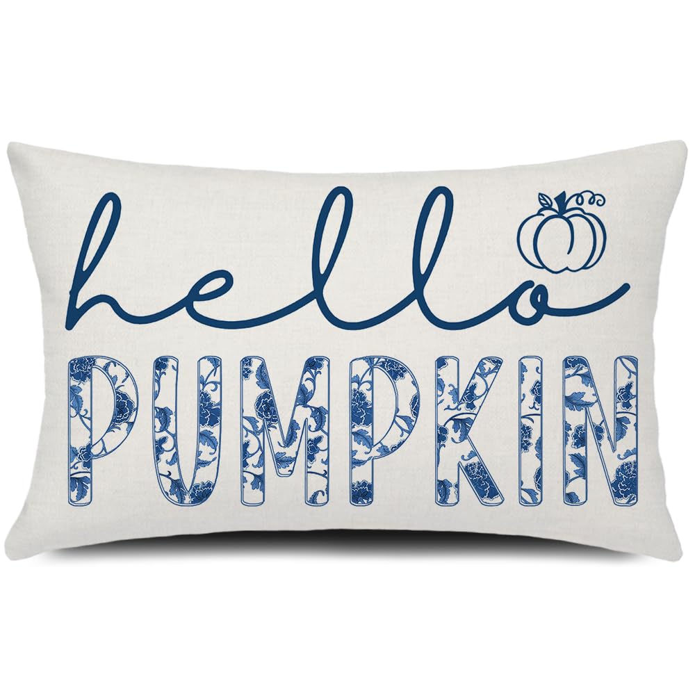 GTEXT Fall Pillow Cover 12x20 inch Blue Chinoiserie Hello Pumpkin Throw Pillow Cover Autumn Decor Thanksgiving Outdoor Seasonal Decorative Pillowcase Recotangle Farmhouse Decor for Sofa Bed Couch