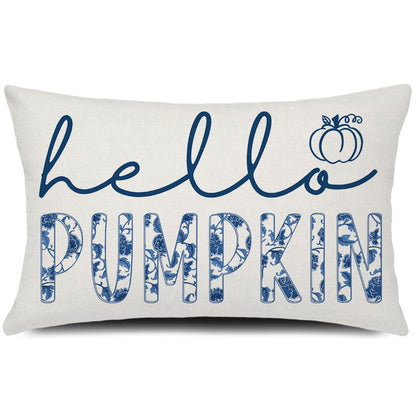 GTEXT Fall Pillow Cover 12x20 inch Blue Chinoiserie Hello Pumpkin Throw Pillow Cover Autumn Decor Thanksgiving Outdoor Seasonal Decorative Pillowcase Recotangle Farmhouse Decor for Sofa Bed Couch