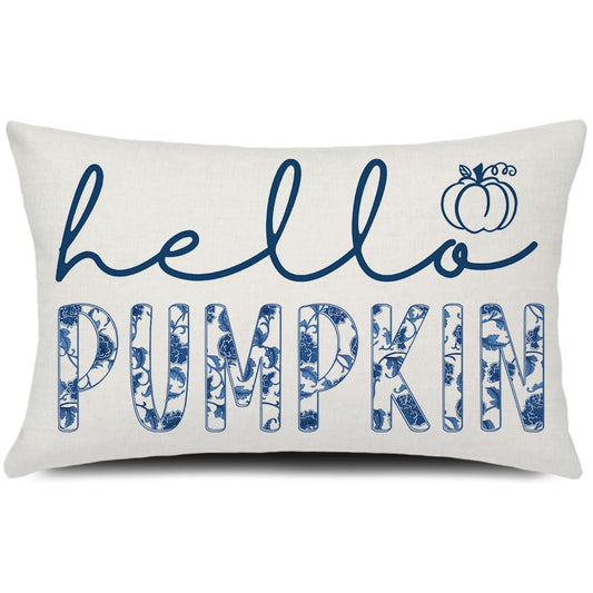 GTEXT Fall Pillow Cover 12x20 inch Blue Chinoiserie Hello Pumpkin Throw Pillow Cover Autumn Decor Thanksgiving Outdoor Seasonal Decorative Pillowcase Recotangle Farmhouse Decor for Sofa Bed Couch