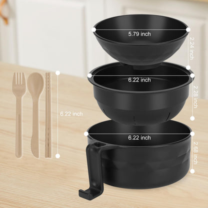 Ramen Bowl Set of 2, Ramen Cooker 33 oz, Ramen Bowls with Chopsticks and Spoon, Microwave Pasta Cooker, Ramen Bowl Microwave Gift College Dorm Essentials for Girls Guys (Black)