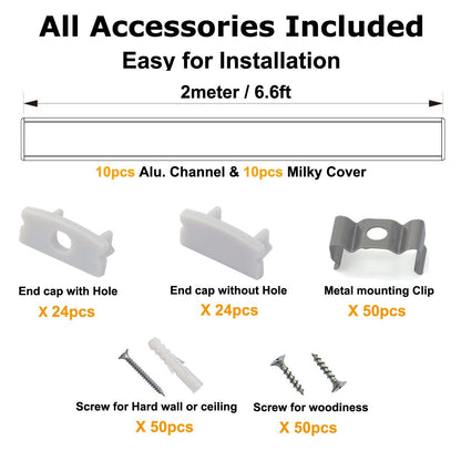 hunhun 10-Pack 6.6ft/ 2Meter U Shape LED Aluminum Channel System with Milky Cover, End Caps and Mounting Clips, Aluminum Profile for LED Strip Light Installations, Very Easy Installation