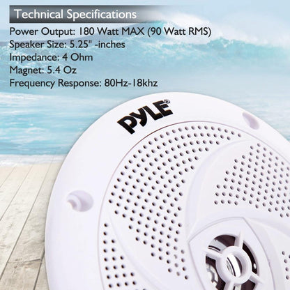 Pyle Marine Speakers - 5.25 Inch 2 Way Waterproof and Weather Resistant Outdoor Audio Stereo Sound System with 180 Watt Power and Low Profile Slim Style - 1 Pair - PLMRS5W (White)