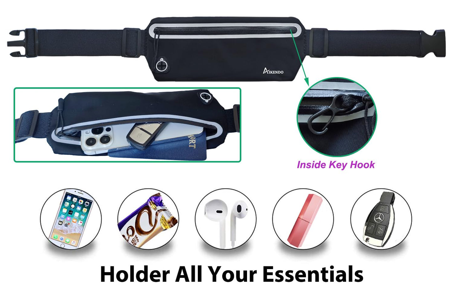 AIKENDO Slim Running Belt Fanny Pack,Runners Waist Pouch Bag Exercis Gym Waist Pack,Jogging Belt,Workout Running Accessories Phone Holder for Running