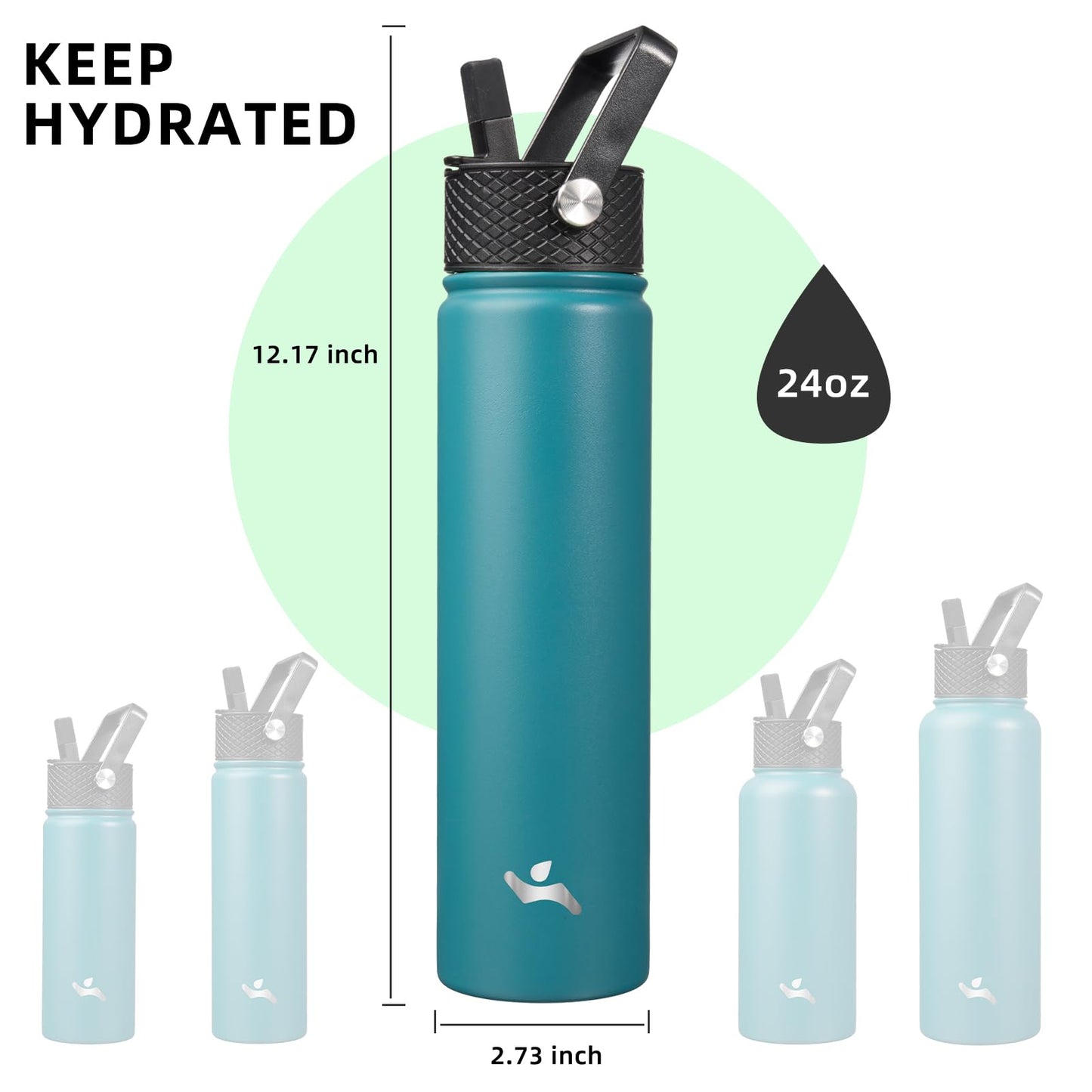 Konokyo Insulated Water Bottle 24oz Stainless Steel Sport Bottles with 3 Lids,Light Blue