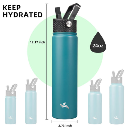 Konokyo Insulated Water Bottle 24oz Stainless Steel Sport Bottles with 3 Lids,Light Blue