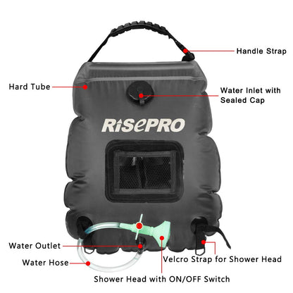 RISEPRO Solar Shower Bag, 5 gallons/20L Solar Heating Premium Camping Shower Bag Hot Water with Temperature 45°C Removable Hose on/Off Switchable Shower Head Hiking Climbing Summer Shower BK