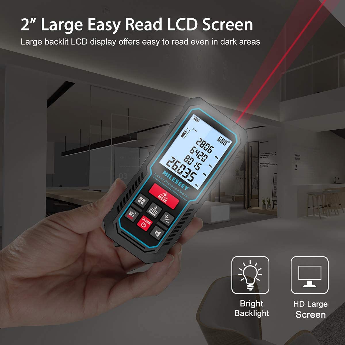 Laser Measure Device, MiLESEEY 229ft Digital Laser Tape Measure with Upgrade Electronic Angle Sensor, 2mm Accuracy, Area Measurement,Volume and Pythagoras, 2" LCD Backlit,Mute, Battery Included