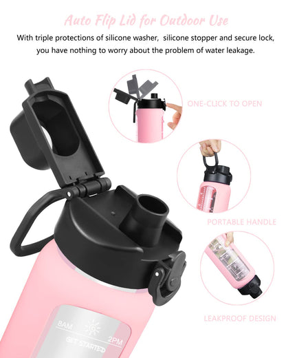 Nefeeko 32 oz Glass Water Bottles with Straw, Motivational Time Marker, 1 Liter BPA FREE Leakproof Reusable Bottle with Silicone Sleeve, Bamboo & Spout Lid