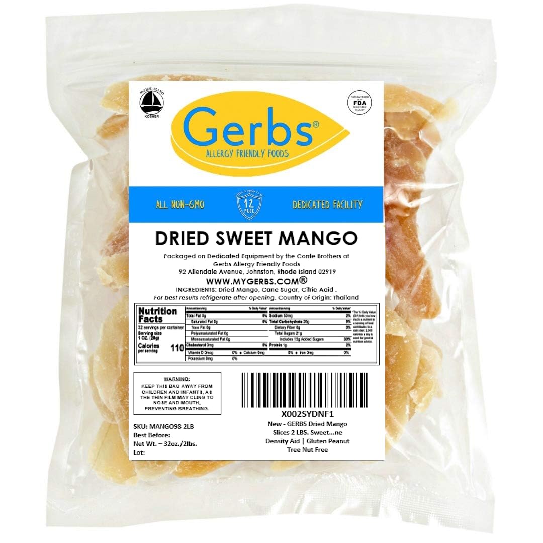 Gerbs Sweetened Dried Mango Slices 2 lbs. | Unsulfured, No Additives, Resealable Bag | Naturally Chewy & Sweet | Top 14 Allergen-Free
