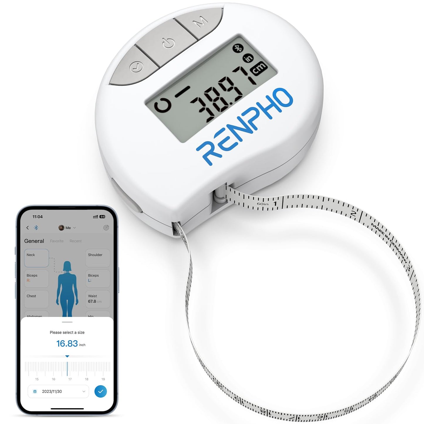 RENPHO Body Measuring Tape, Smart Tape Measure for Weight Loss, Bluetooth Fitness Equipment with App, Measuring Waist, Hip, Bust, Arms, Muscle Gain, Retractable, 60in /150cm, White