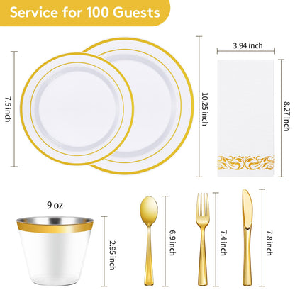 Goodluck 700 Piece Gold Dinnerware Set for 100 Guests, Disposable for Party, Include: 100 Gold Rim Dinner Plates, 100 Dessert Plates, 100 Paper Napkins, 100 Cups, 100 Plastic Silverware Set