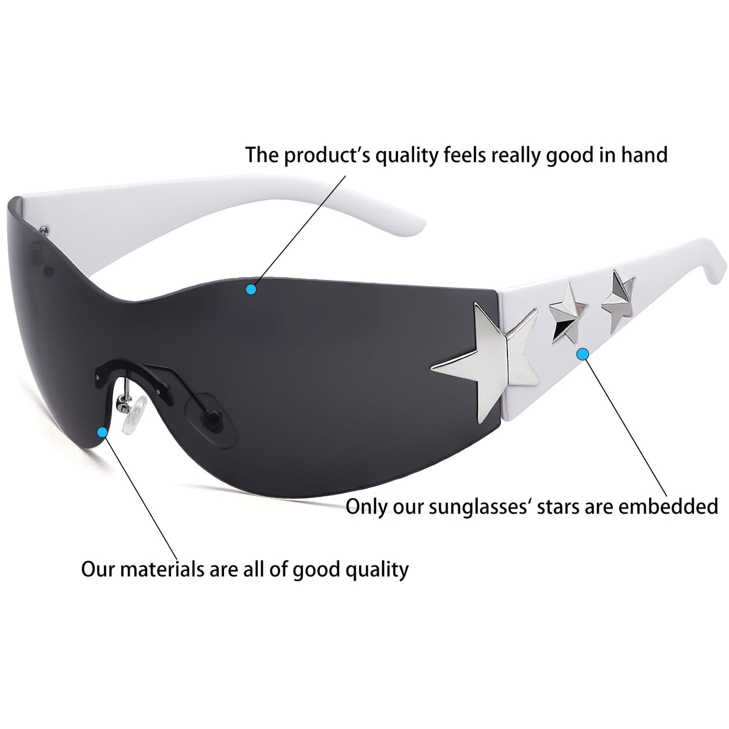 Haqptul Rimless Y2K Sunglasses Star Wrap Around Glasses 2000S Accessories for Women Men Trendy Fashion Cool Shield Shades (Black/White)