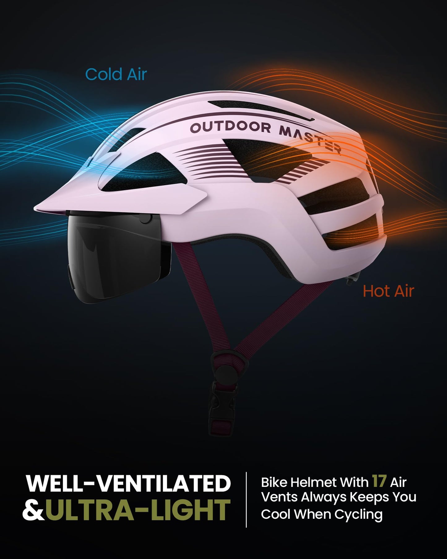 OutdoorMaster Helmets for Adults - Mountain & Road Bike Helmet with Rechargeable Safety Light, Detachable Goggles and Sun Visor - Easy to Adjust, Breathable, Lightweight - Large