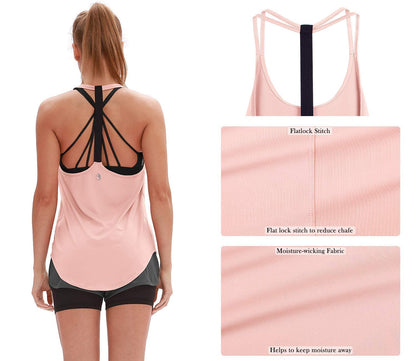 icyzone Workout Tank Tops for Women - Athletic Yoga Tops, T-Back Running Tank Top(Pack of 2) (S, Dusk Blue/Pale Blush)