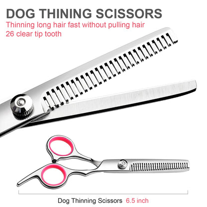 FAIGEO Dog Grooming Scissors with Safety Round Tips Stainless Steel Professional Dog Grooming Kit - Thinning, Curved Scissors and Comb for Cat Pet (Pink 4 in 1)