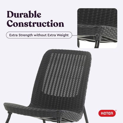 Keter Rio 3 Piece Resin Wicker Patio Furniture Set with Side Table and Outdoor Chairs for Front Porch and Backyard Decor, Dark Grey