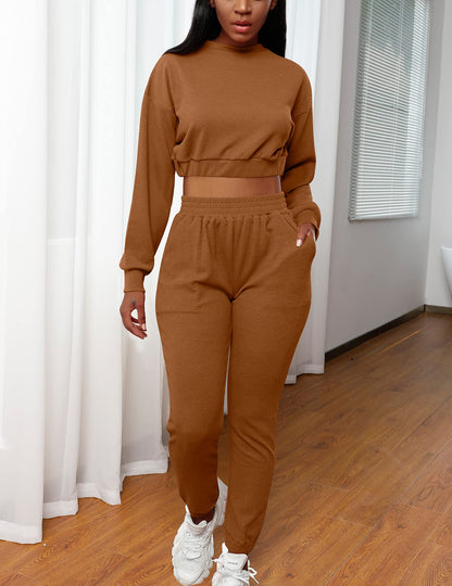 Mizoci Women's 2 Piece Outfits Lounge Jogger sets Long Sleeve Crop Top Pant Sweat Suit Tracksuit,Large,Coffee