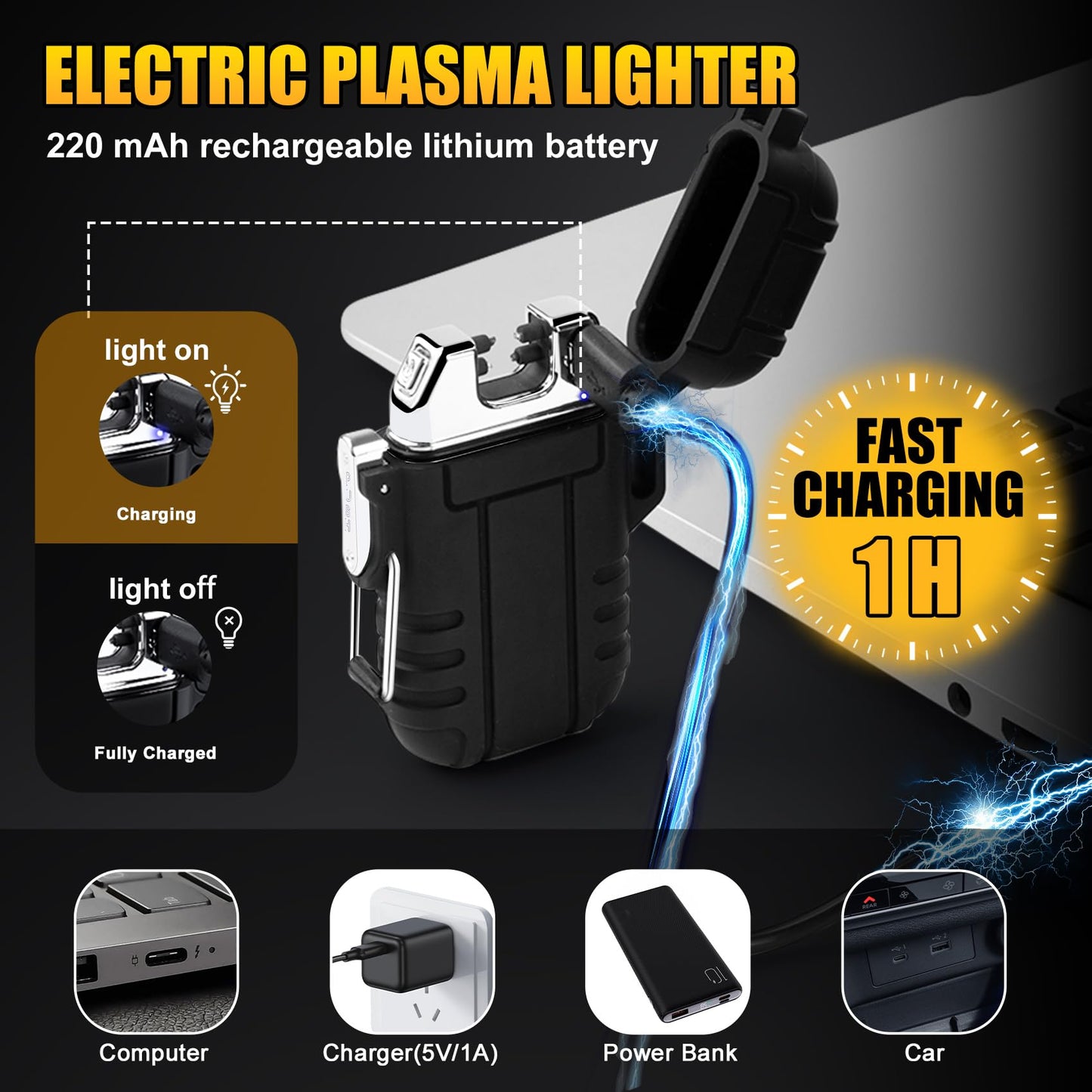 LcFun Waterproof Electric Lighter Windproof Dual Arc USB Rechargeable Flameless Plasma Lighters for Camping Hiking Survival Tactical Gear Stocking Stuffers Gifts for Men Fathers Husband